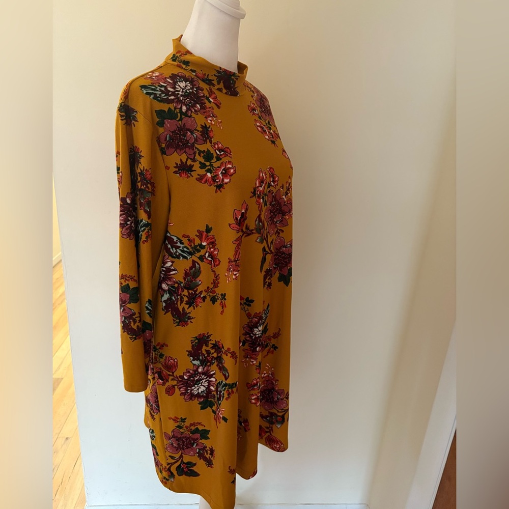 Large As U Wish Mustard Floral Mini Mock Neck Shift Dress - Picture 3 of 8